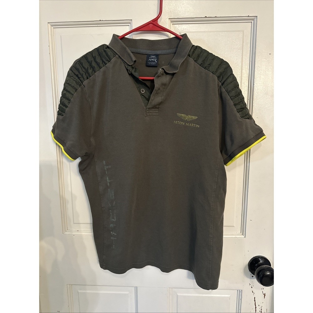 Hackett Aston Martin Racing Polo Shirt Size Medium Olive Green Quilted Shoulder